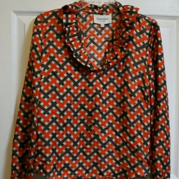 ELIZABETH MCKAY Silk Ruffled Orange Brown Long Sleeve Blouse Size 2 EUC - Picture 5 of 8